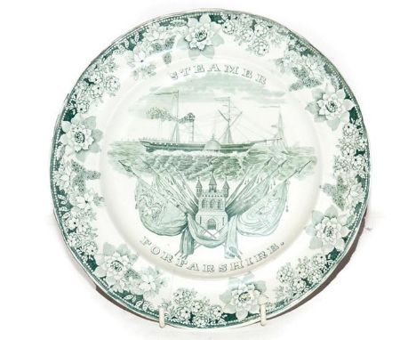 A Brameld plate commissioned by the Dundee &amp; Hull Steam Packet Company, printed in sage green to depict the Forfarshire S