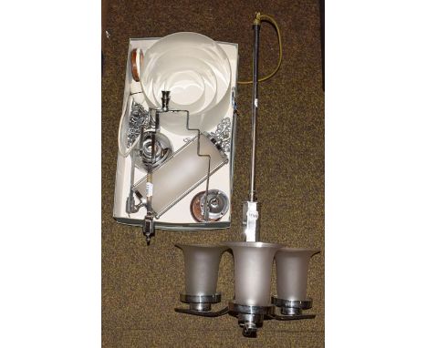 Two Art Deco light fittings and a hall light.  Fittings in good condition. The wiring would need to be tested by an electrici