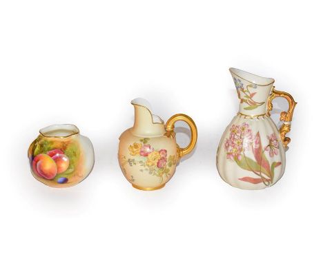 Two Royal Worcester blush ivory jugs, largest 15cm, together with a Royal Worcester fruit painted vase signed A Shuck, 6.5cm 