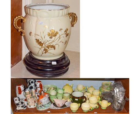 A selection of Carlton ware part tea service, Staffordshire dogs, Limoges twin handled jar, lustre mug, two wooden stands etc