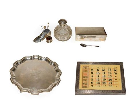 A collection of silver, including a salver and a cigarette-box, each engraved with a presentation inscription, a pin cushion 