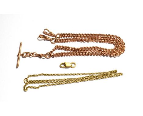 An Albert chain, stamped '375', length 45cm, a 9 carat gold ropetwist chain, length 55cm, a 9 carat gold T-bar and a clasp st