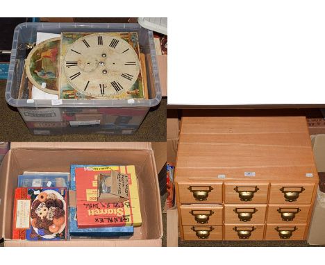 A quantity of watchmakers and clockmaker's parts including Bergeon clock brass bushes, suspension springs, pins, clock gongs,
