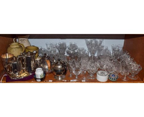 Quantity of assorted cut glassware including Stuart assorted plated wares, tray, flatwares, seven items of ceramics and a mil