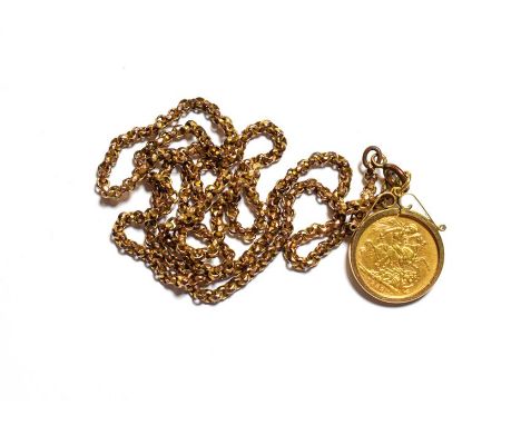 An 1899 gold sovereign, in a 9 carat gold mount, on a plated chain, chain length 70cm .  Gross weight 32.0 grams. 