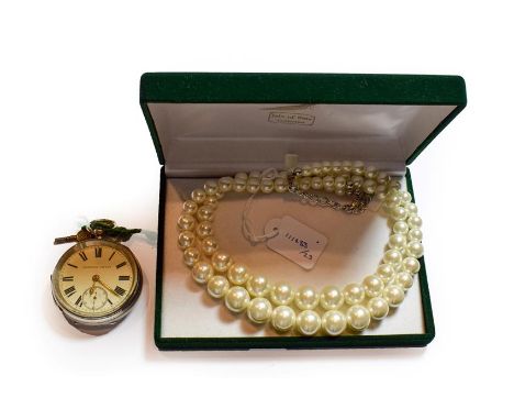 A silver pocket watch and a double row simulated pearl necklace (2)