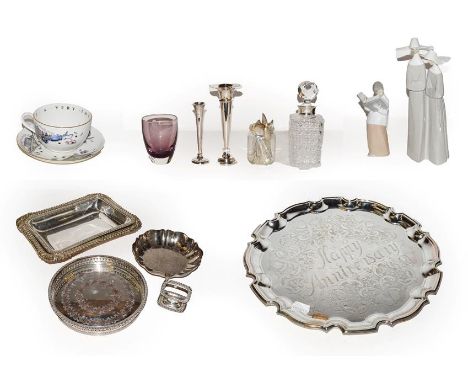 A selection of silver teaspoons, two Lladro figures, silver spill vase, two cased silver teaspoons, silver mounted glass deca