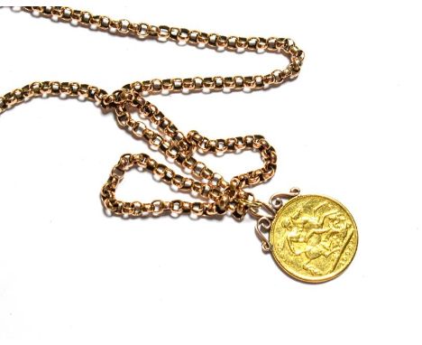 A sovereign pendant on chain, chain length 54.5cm .  Sovereign dated 1906. Chain with applied plaque stamped '9CT'. Gross wei