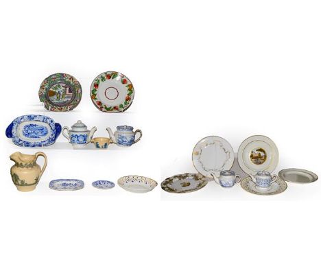 A quantity of Rockingham, Don pottery and Brameld etc, to include Brameld creamware plate painted with a Romantic landscape i
