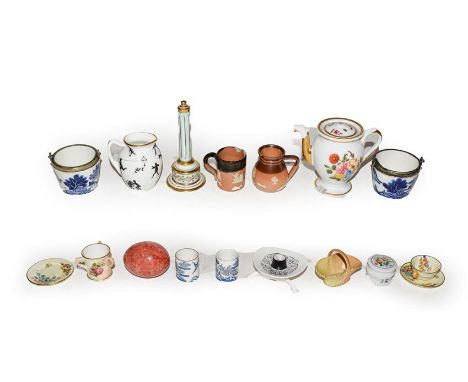 A quantity of pottery and porcelain miniatures including a Royal Worcester tyg, Paris coffee pot, Foley candle stand by Hazel