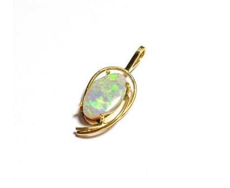 An opal pendant, stamped '14CT', length 2.8cm.  Gross weight 1.8 grams. 