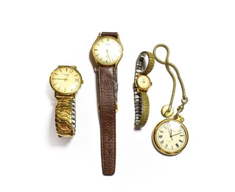 A 14K gold gents wristwatch and another gold wristwatch, a lady's watch and a pocket watch 