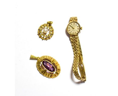 Gold rotary bracelet watch and two gold plated pendants, gross weight 26 grams