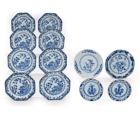 A set of eight Chinese Qianlong blue and white octagonal plates painted with landscapes, 21.5cm wide, together with two simil