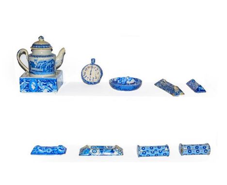 A quantity of early 19th century English blue and white pottery including a child's pearlware teapot and cover, Brameld Neptu