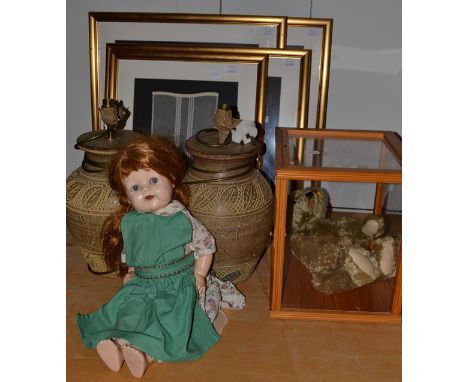 A modern Steiff bear in display case, four gilt framed displays of lace collars cuff etc, a 1960s composite doll, and a pair 