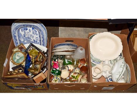 Three boxes of mainly ceramics and glass including Torquay pottery, two Don pottery daisy jugs, Victorian Burslem dinner serv