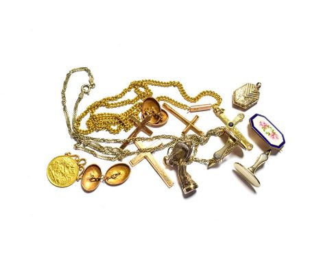 A collection of jewellery including two 9 carat gold crosses, a cross stamped '18CT', an unmarked cross, a half sovereign dat