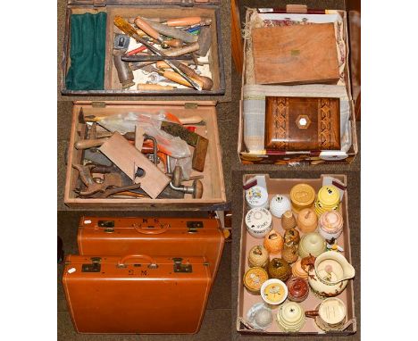 Two boxes containing assorted pottery honey jars, two Crown Devon musical vessels, textiles, Victorian Tunbridge inlaid workb