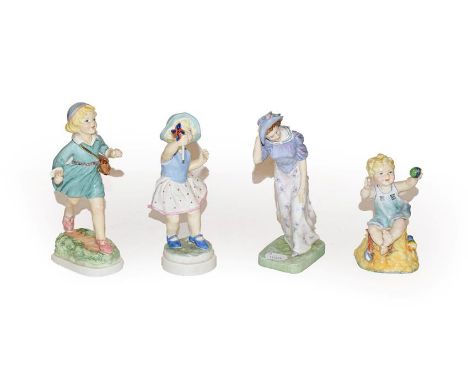 Three Royal Worcester figures, model numbers 3522, 3518 and 3256, together with a Royal Doulton figure ''Windflower'' HN1764 