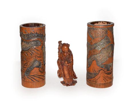 Chinese boxwood figure of Shao Lao together with a pair of Japanese bamboo brush pots (3).  Figure with staff seperated from 