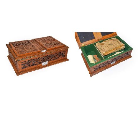 A carved games box including Mahjong set etc