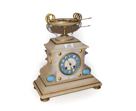 A Victorian alabaster mantel clock, with French eight day two train movement striking on a bell, 33cm