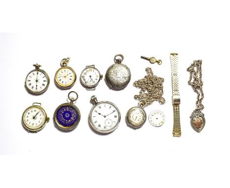 A silver open faced pocket watch, four lady's fob watches with cases stamped 935, fine silver and a Birmingham hallmark, two 