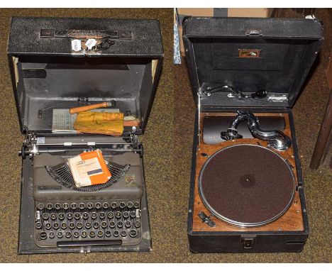 A cased HMV picnic gramophone and an Imperial typewriter (2)