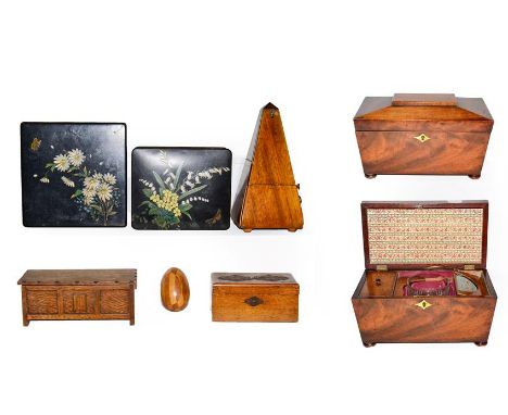 A Regency mahogany tea caddy, two lacquered papier mache boxes, a metronome and other wooden items (one tray)