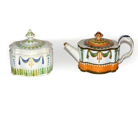 A Hawley pearlware teapot moulded with linen swags and stiff leaves c.1800-15, together with a similar sucrier and cover, pro