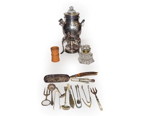 A quantity of silver and silver plate to include a Georgian silver caddy spoon, pair of silver sugar tongs, cased silver Chri
