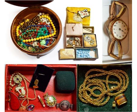 A collection of jewellery including, beaded necklaces, loose beads, brooches, earrings, plated cufflinks, a lady's wristwatch