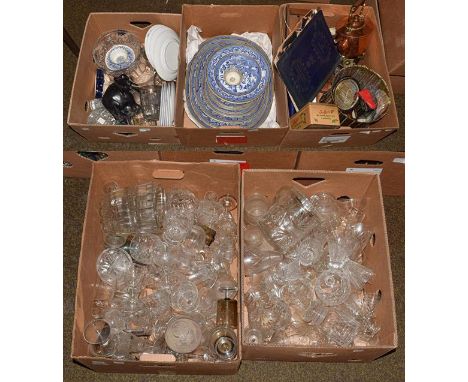 Five boxes of mixed 20th century glassware and 19th century metalwares and ceramics, including copper kettle, brass candlesti