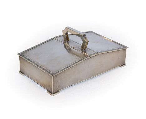 A George V silver double cigarette box, by W. H. Manton Ltd., Birmingham, 1934, oblong and with two sloping hinged cover and 