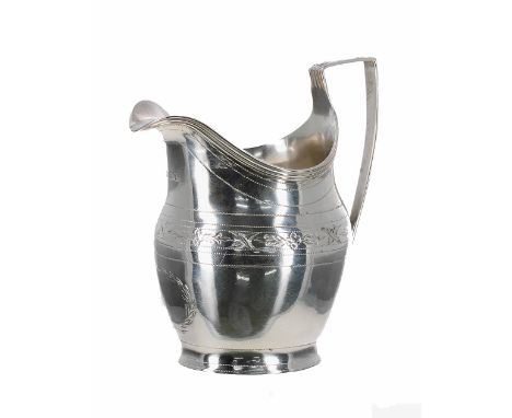 George III silver helmet shaped cream jug, with engraved foliate borders and vacant wreath cartouche, maker CB, possibly Corn