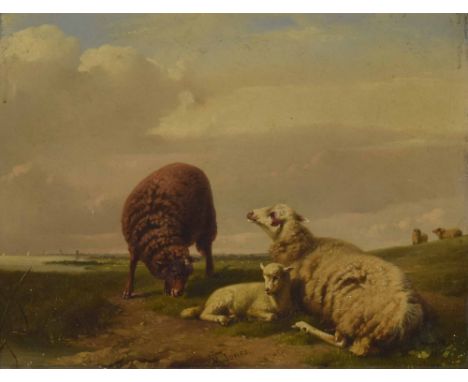 A* R* Jones (19th century) - sheep and lambs grazing beside an estuary, signed oil on panel, 11.5" x 14.5"