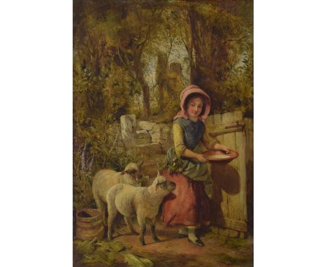 Thomas Falcon Marshall (1818-1878) - young country girl with two lambs beside a garden gate, signed and dated 1853, oil on ca