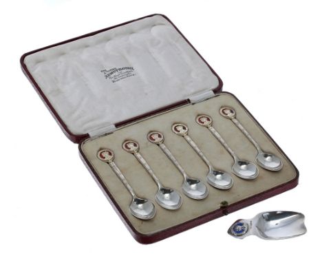 1937 coronation cased set of six silver and enamel coffee spoons, each with the finial of George V and Queen Elizabeth maker 