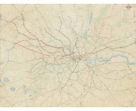 Large vintage London Transport map, of the Underground lines, bus routes, Green Line coach routes etc, scale 1.5" = 1 mile, 4