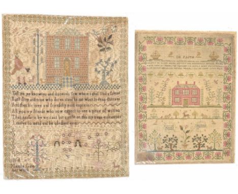 George III sampler by Martha Gee, 1814, worked with verse and a house front with figure walking a dog, below with Adam and Ev