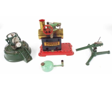 Mamod M.M.I stationary steam engine, original box; together with Astra scale model round based search-light and anti-aircraft