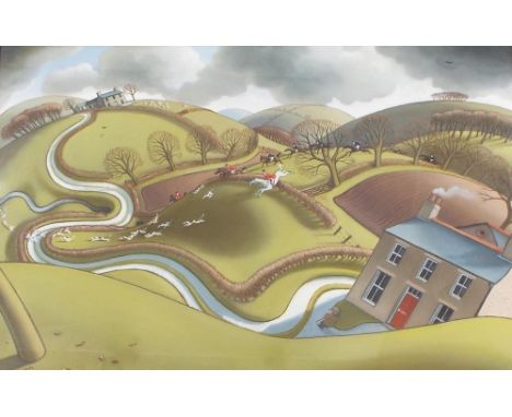 •Jonathan Armigel Wade (b.1960) - 'Crossing the Track', a hunting scene with huntsmen on horseback and hounds nearby, a cotta