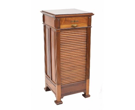 Late 19th/early 20th century mahogany tambour front stationary cabinet, the moulded top over single slide and drawer, over a 