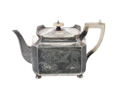 Victorian silver teapot, decorated in an Oriental manor with engraved crane within a lake and bamboo scene, maker Walter &amp