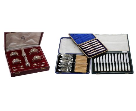 Garrard &amp; Co. original cased silver condiments set, London 1959;  cased set of six mother of pearl handled silver butter 