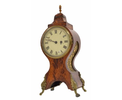 19th century yew wood and gilt metal single fusee balloon shaped mantel clock, the painted dial within brass bezel, the sides