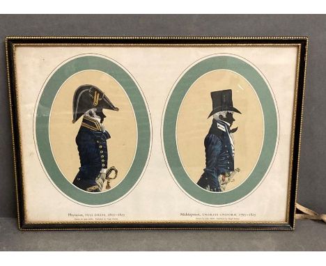 A framed print of Navy silhouettes a Physician 1805-1825 and a Midshipman 1795-1825 by John Mollo.