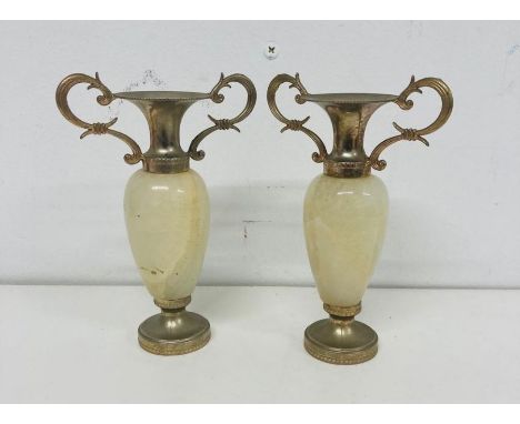 A pair of vintage miniature marble onyx candlestick holders 
