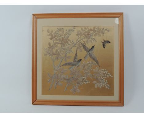 Chinese silkwork tapestry panel, late 19th Century, featuring birds and a butterfly amidst prunus, 42cm x 43.5cm (Please note